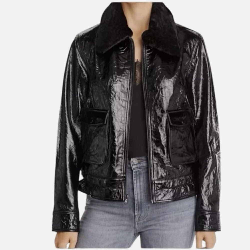 7 For All Mankind Faux Fur Trimmed Patent Leather Jacket – Black, XS – NWT